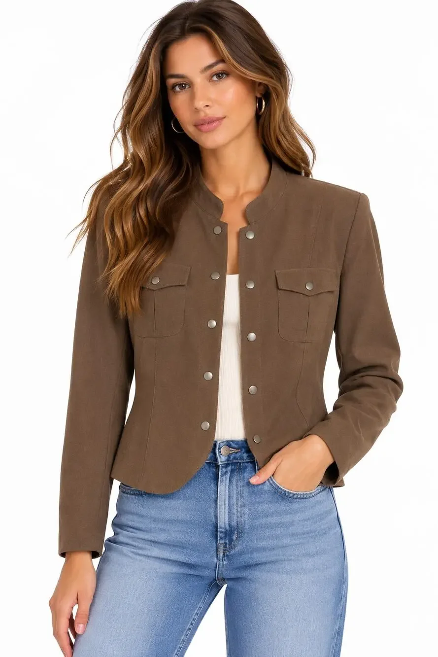 Rena Rowan Stretch Brown Military Utility Jacket in Mocha EUC Size 4